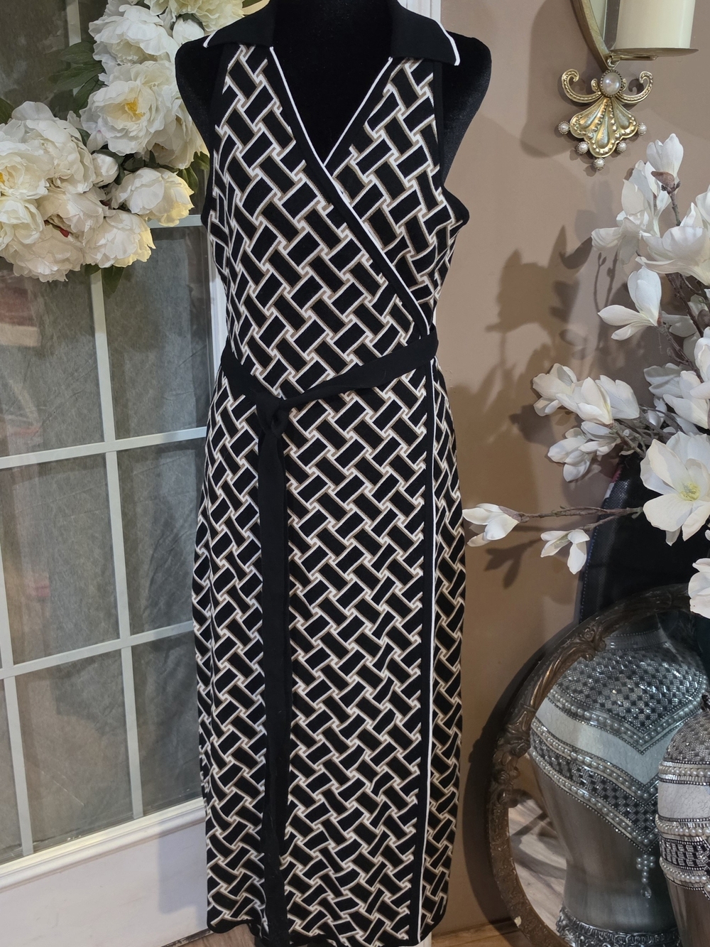 Diane Von Furstenberg Black and Cream Geometric Wrap Maxi Dress